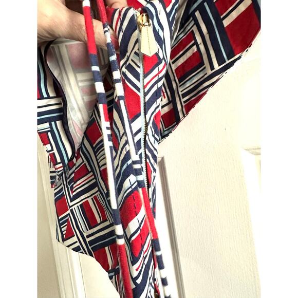 CARVEN Geometric One-Shoulder Ruffle Abstract Top Blouse Red White Blue Nautical - Picture 5 of 5